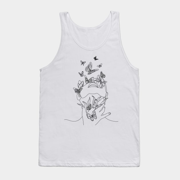 Abstract line drawing woman face with butterflys. Tank Top by OneLinePrint